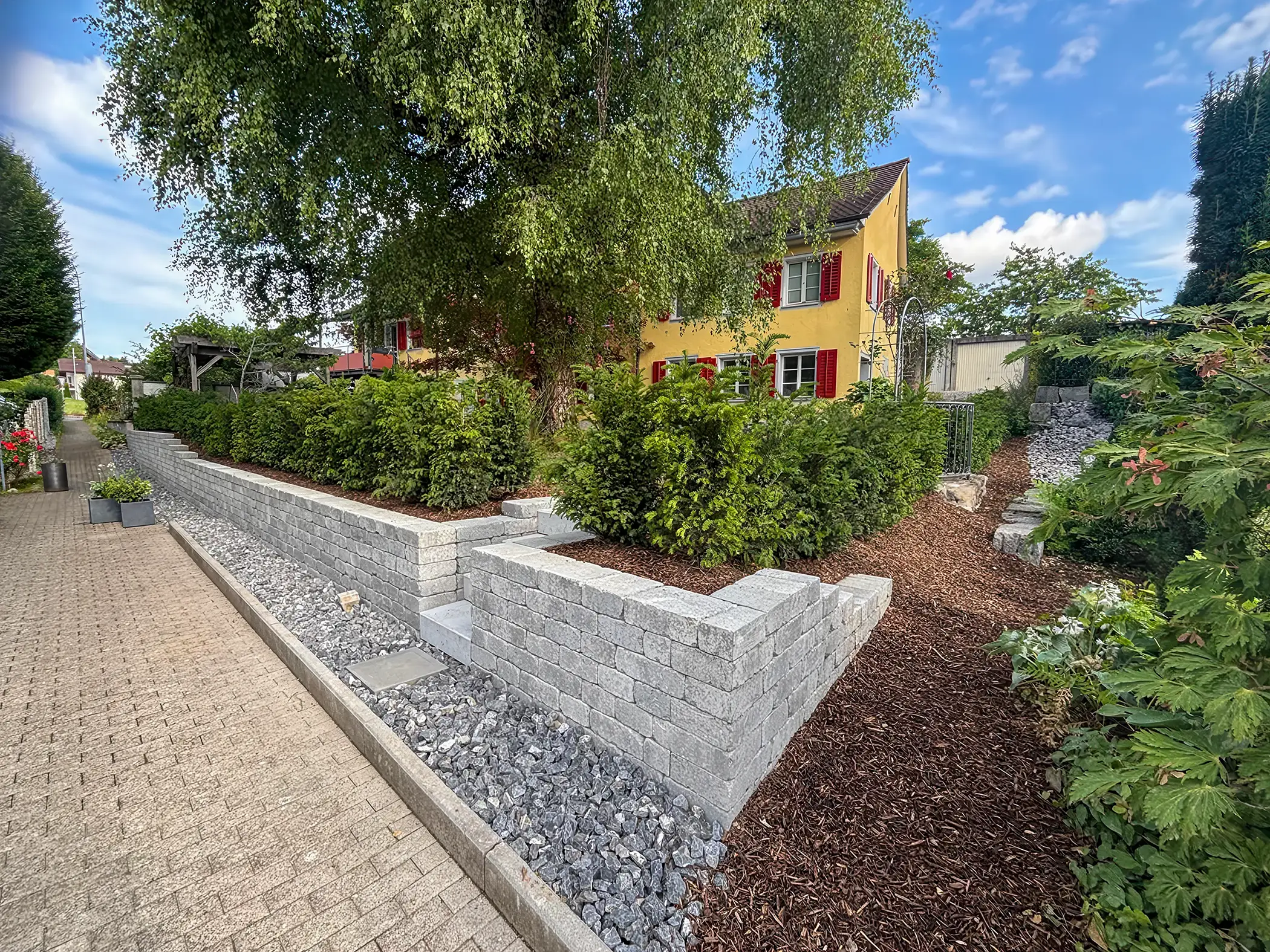 Neue Mauer und Hecke mit Eiben